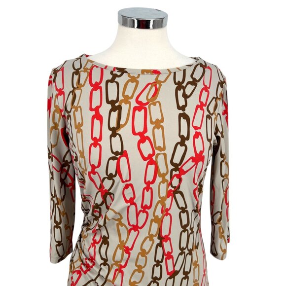 J. McLaughlin Chain Print Dress 3/4 Sleeve Draped Waist Gray Multi Size Medium - Picture 2 of 13